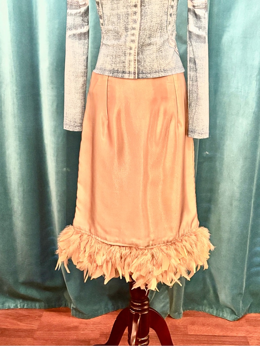 Feather-Hem Satin Midi Skirt in Peach